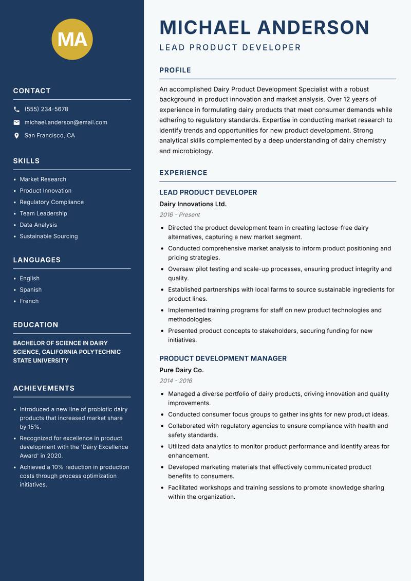 Dairy Product Development Specialist resume template — Classic Clean