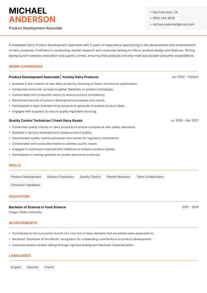 Dairy Product Development Specialist resume template — Modern Professional