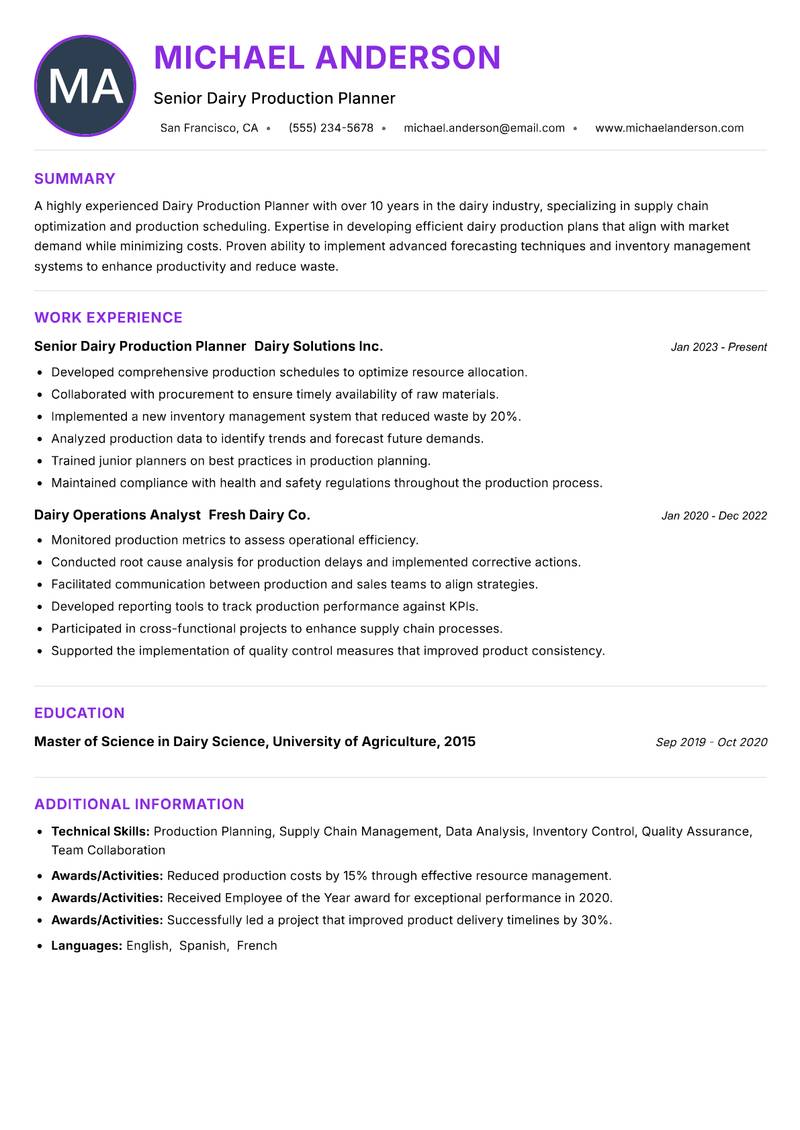 Dairy Production Planner resume example — ATS-friendly template