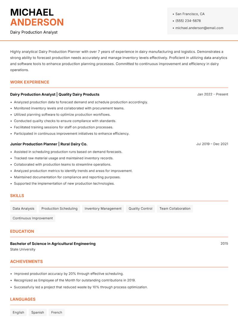 Dairy Production Planner resume template — Modern Professional