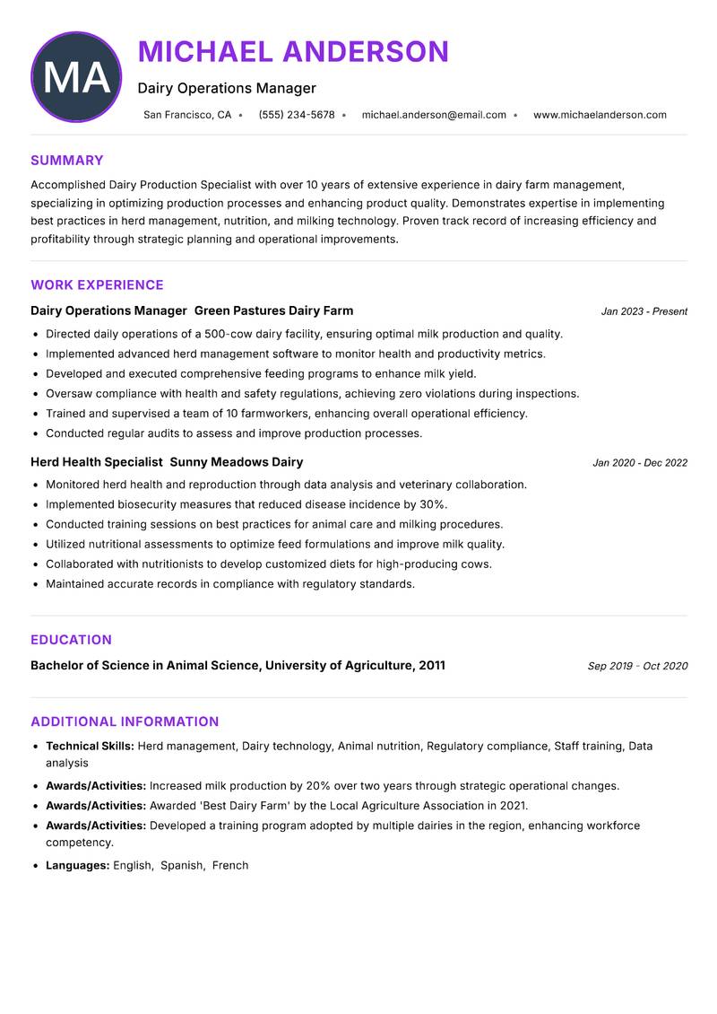 Dairy Production Specialist resume example — ATS-friendly template