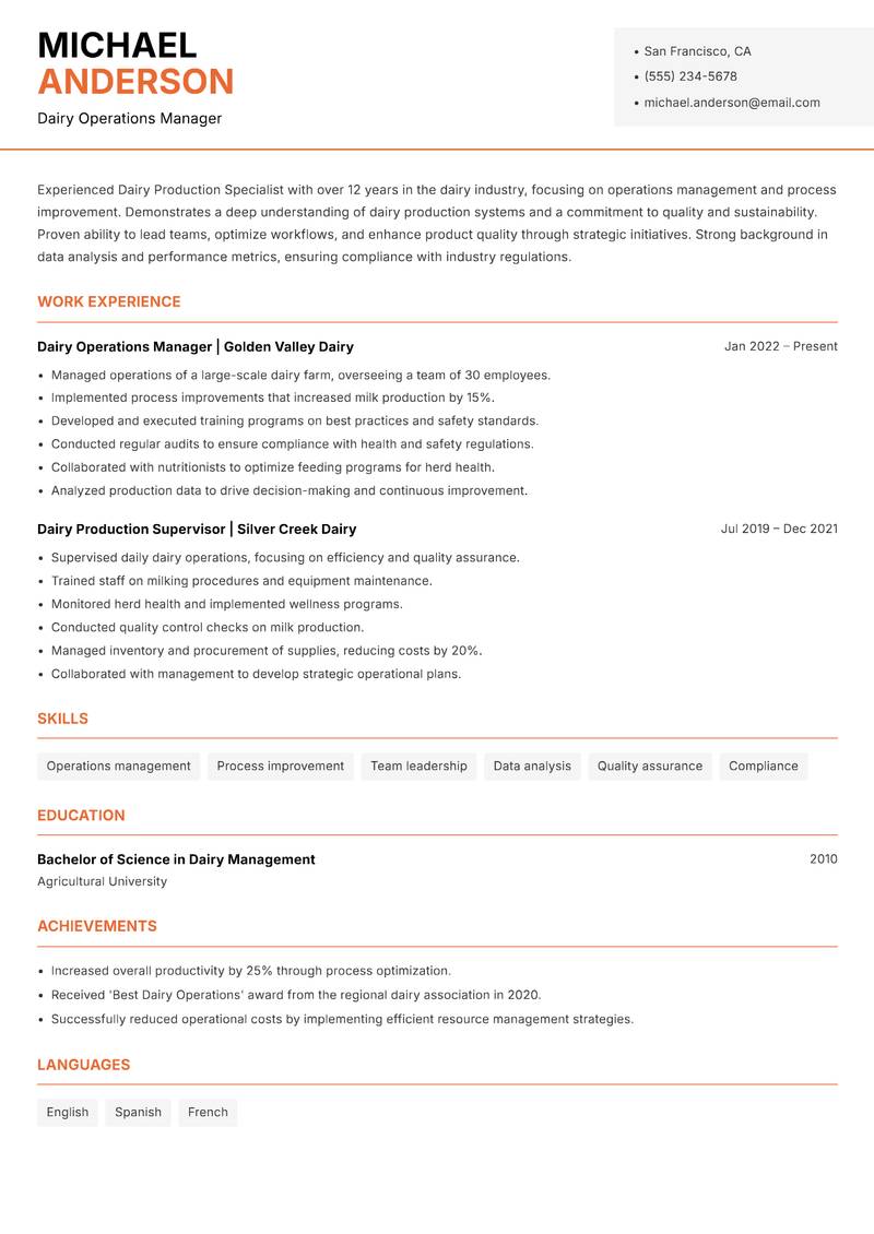 Dairy Production Specialist resume template — Modern Professional