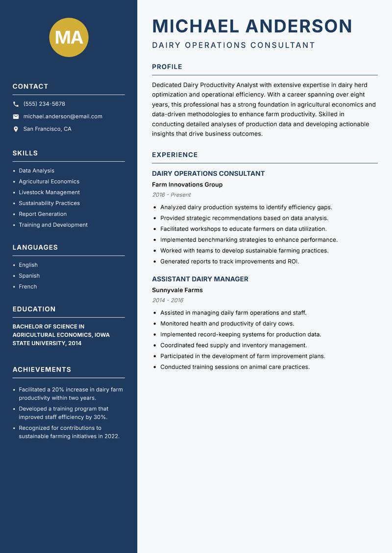 Dairy Productivity Analyst resume template — Classic Clean