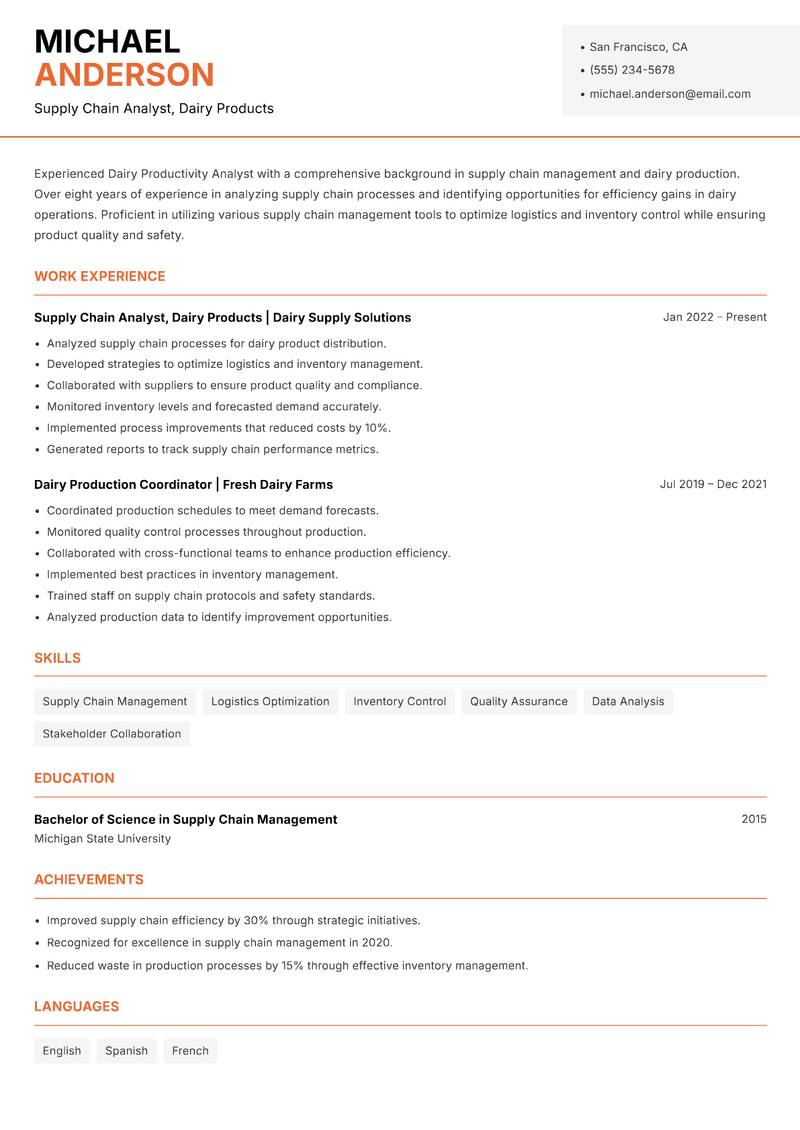 Dairy Productivity Analyst resume template — Modern Professional