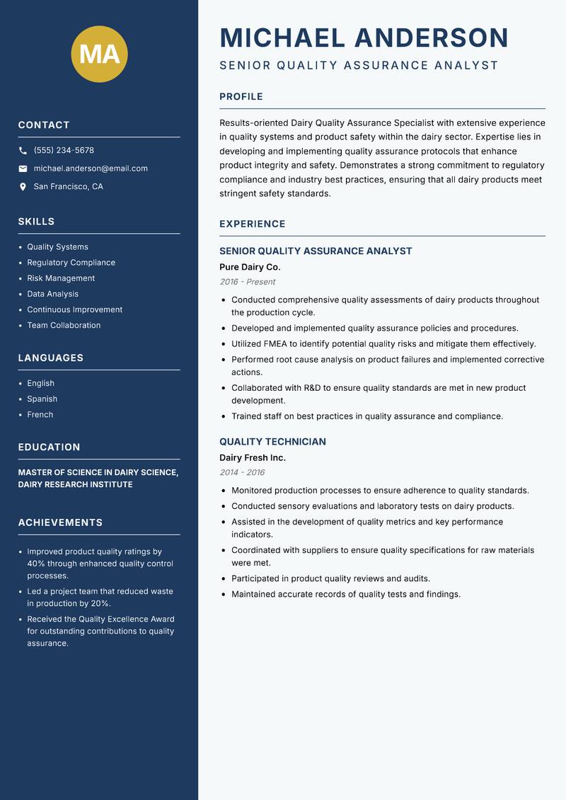 Dairy Quality Assurance Specialist resume template — Classic Clean