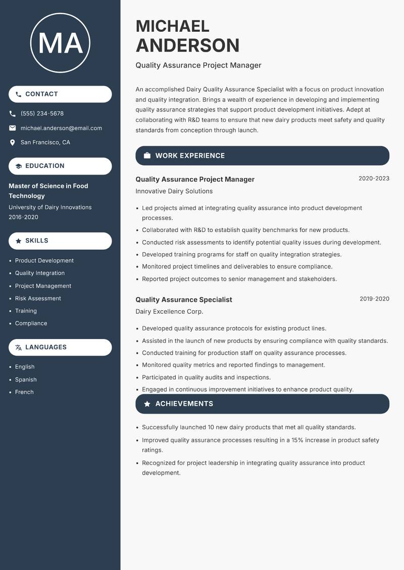 Dairy Quality Assurance Specialist resume template — Compact