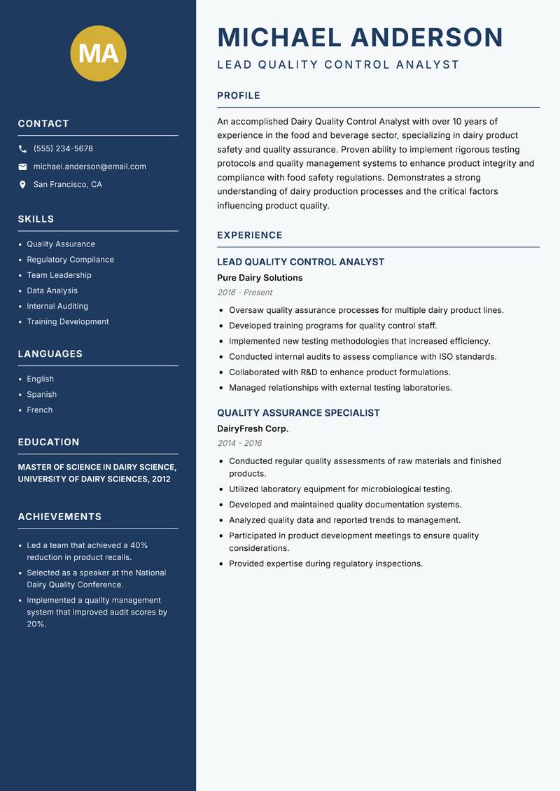Dairy Quality Control Analyst resume template — Classic Clean