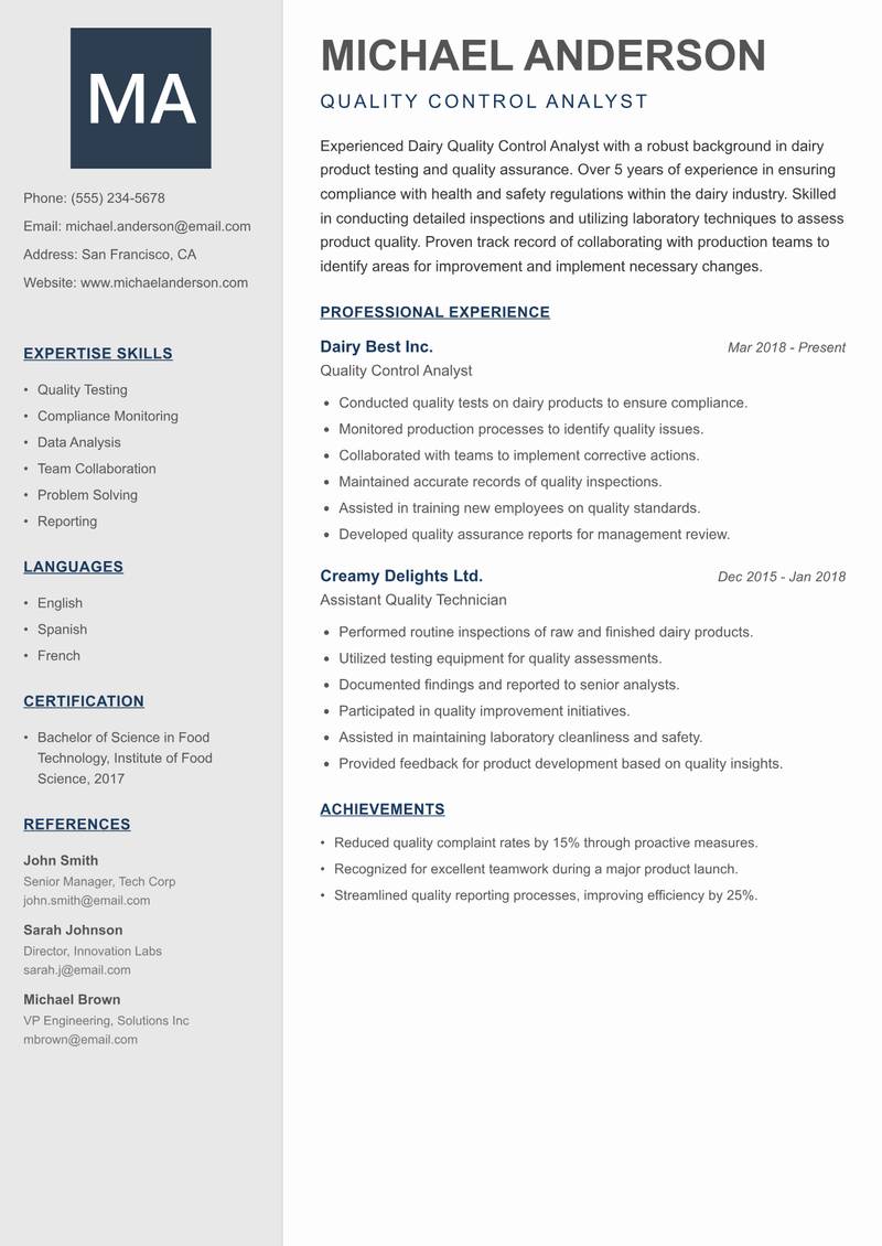 Dairy Quality Control Analyst resume template — Creative Minimal