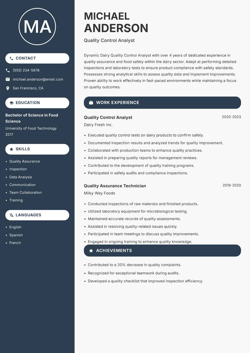 Dairy Quality Control Analyst resume template — Compact