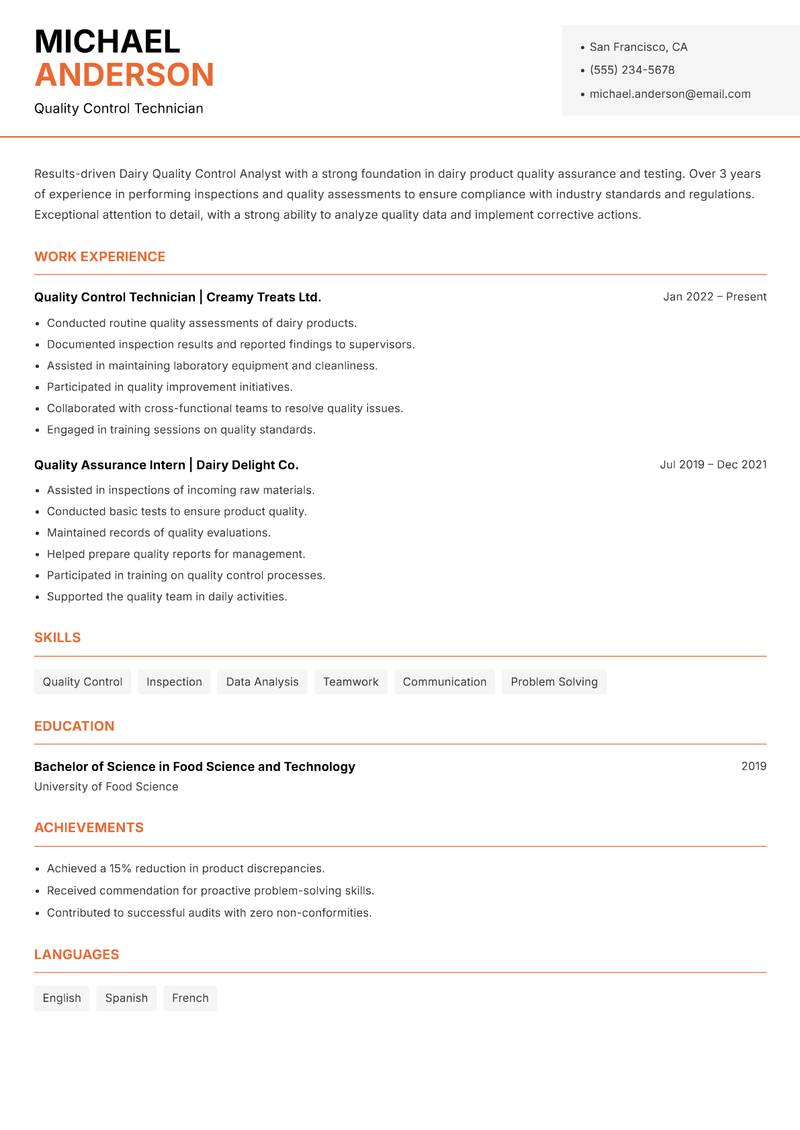 Dairy Quality Control Analyst resume template — Modern Professional