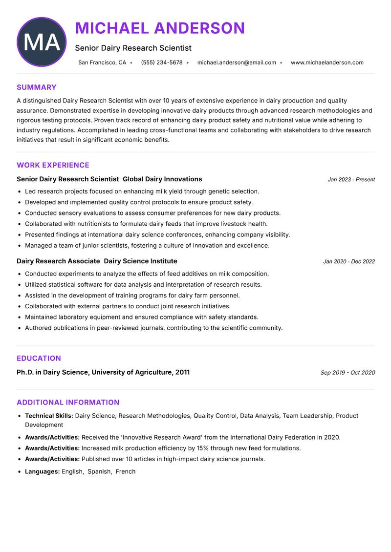 Dairy Research Scientist resume example — ATS-friendly template