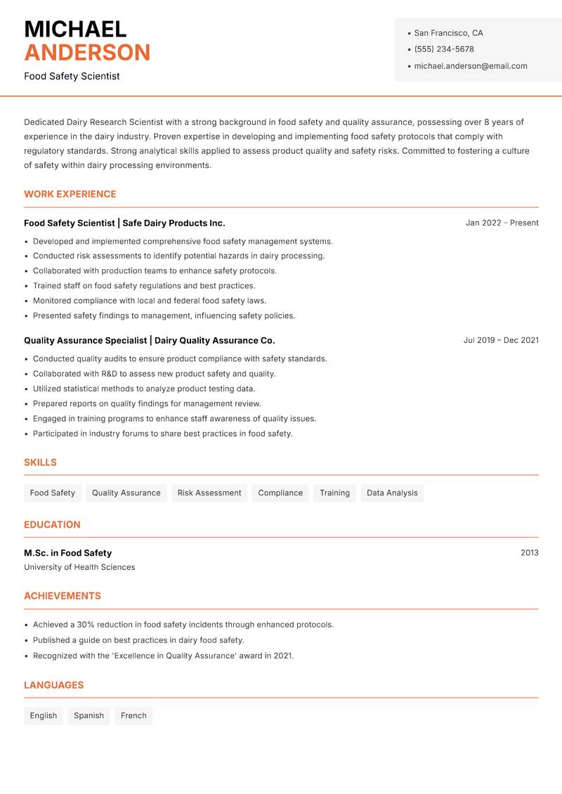 Dairy Research Scientist resume template — Modern Professional