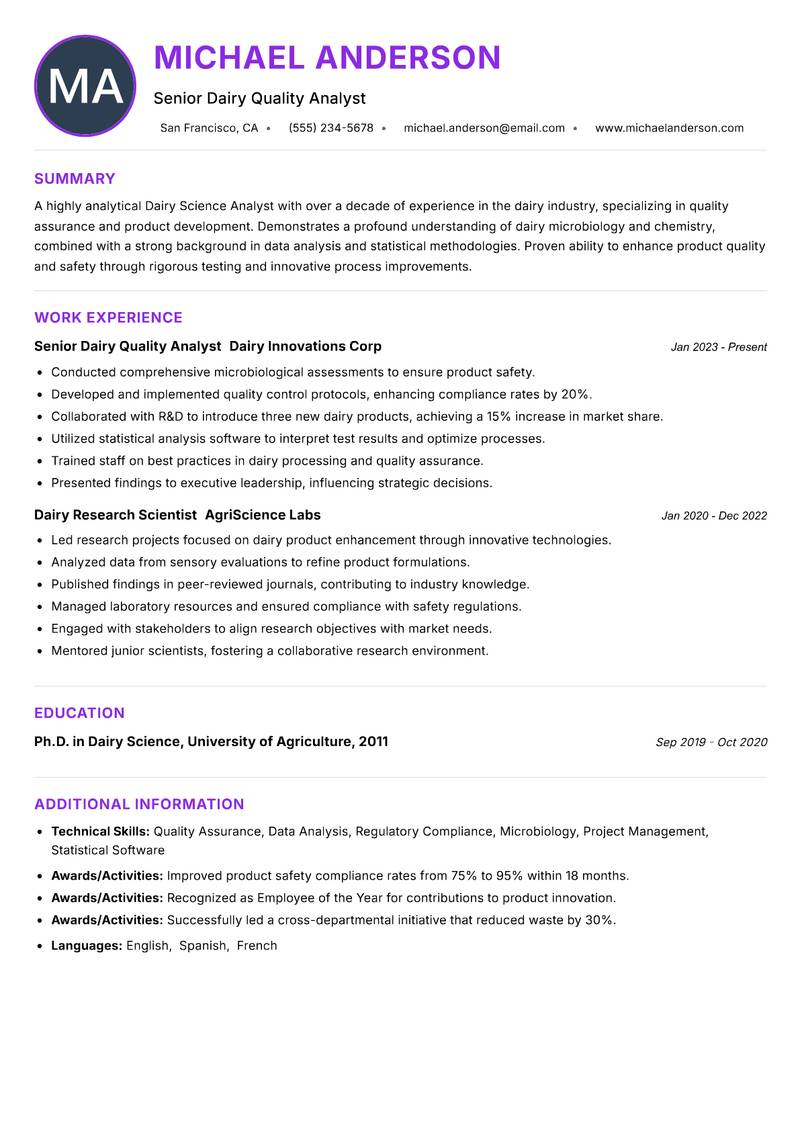 Dairy Science Analyst resume example — ATS-friendly template
