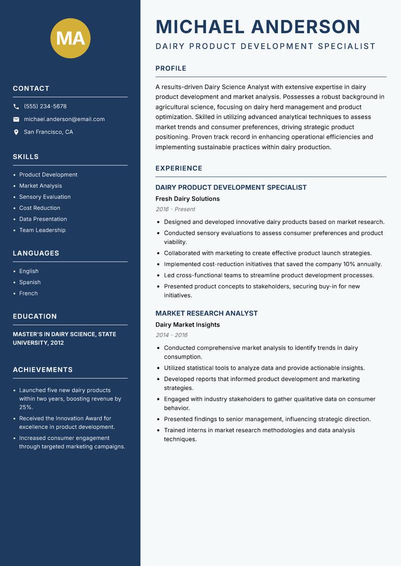 Dairy Science Analyst resume template — Classic Clean