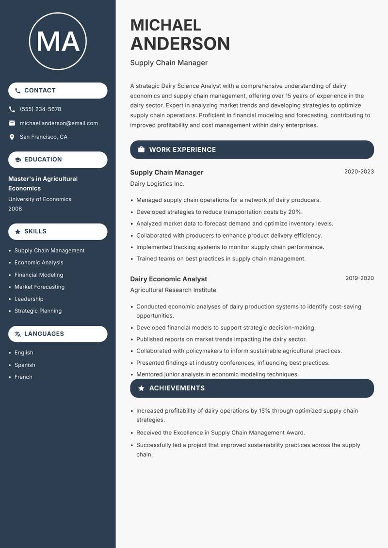Dairy Science Analyst resume template — Compact