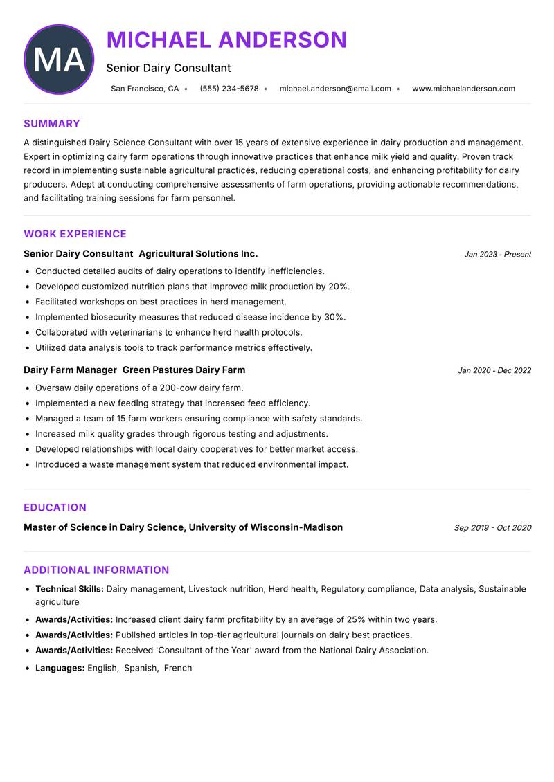 Dairy Science Consultant resume example — ATS-friendly template