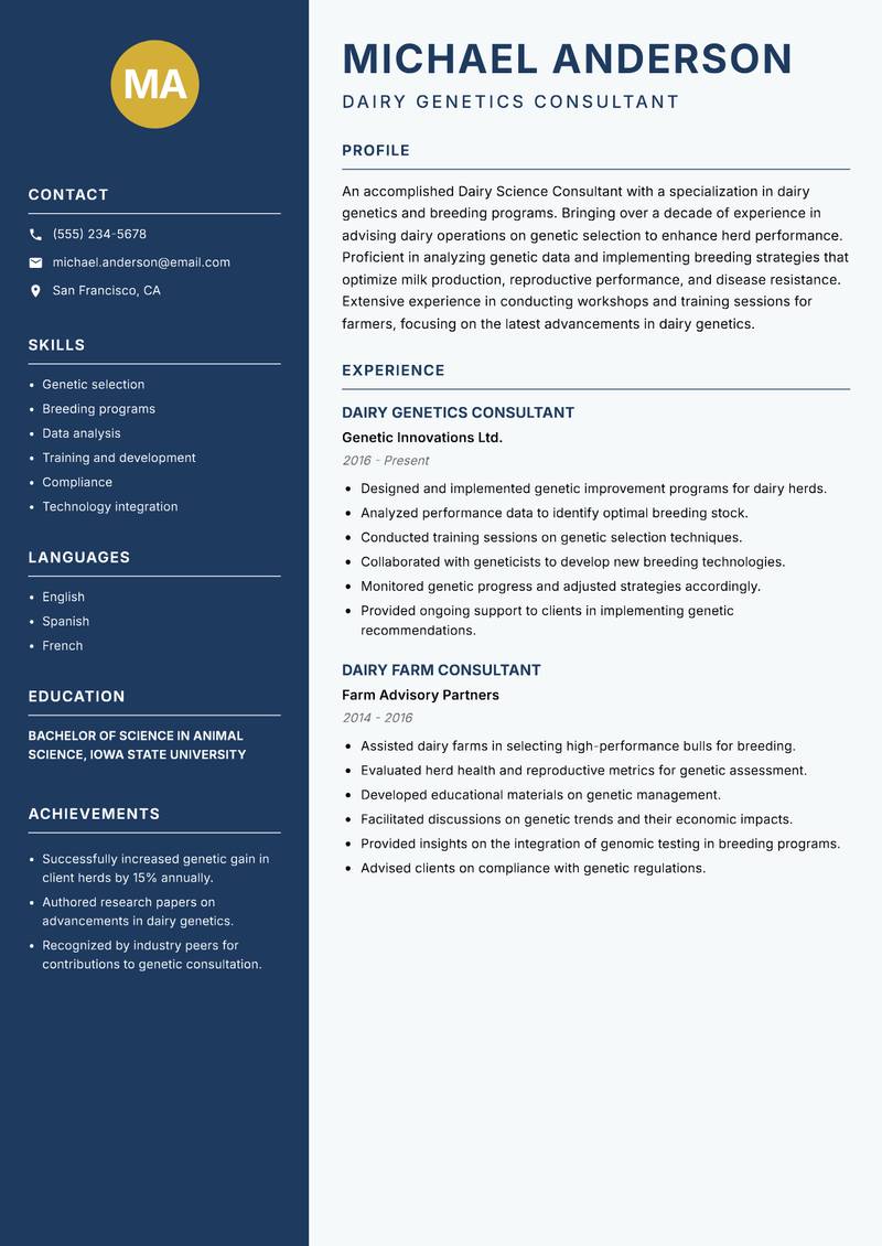 Dairy Science Consultant resume template — Classic Clean