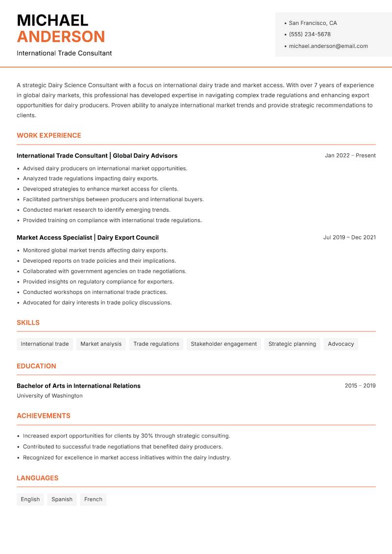 Dairy Science Consultant resume template — Modern Professional