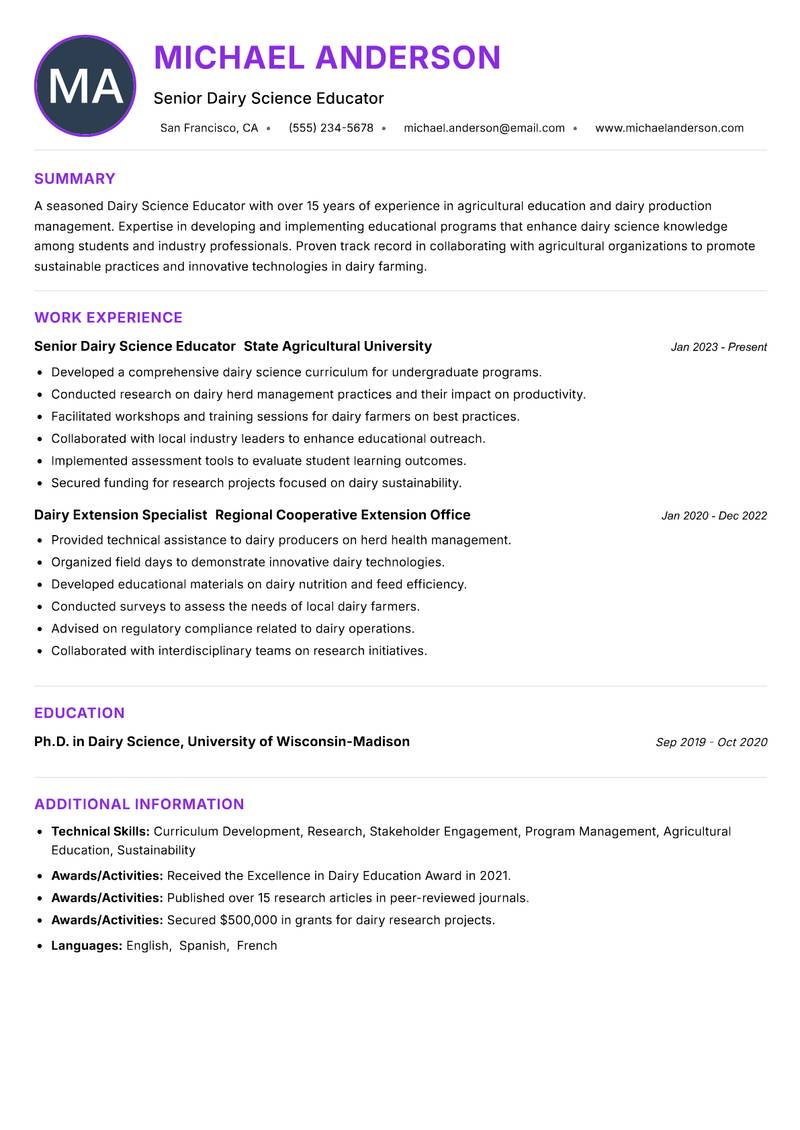 Dairy Science Educator resume example — ATS-friendly template