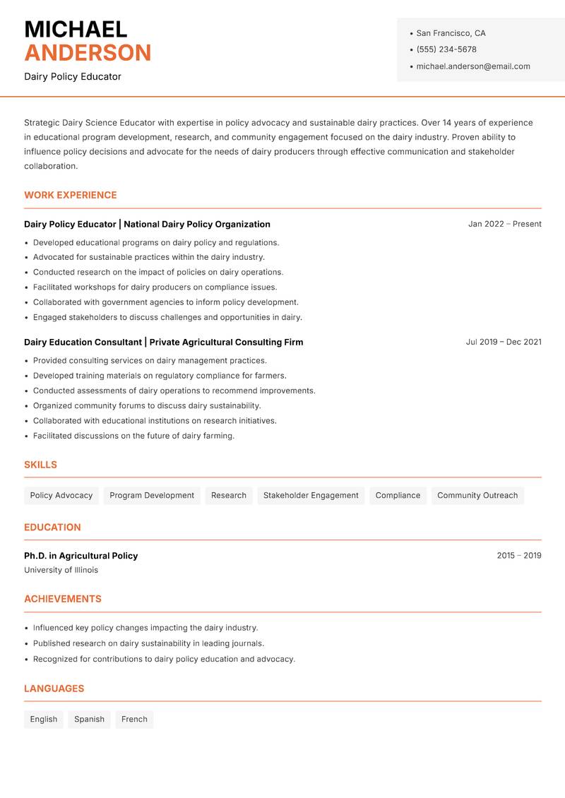 Dairy Science Educator resume template — Modern Professional
