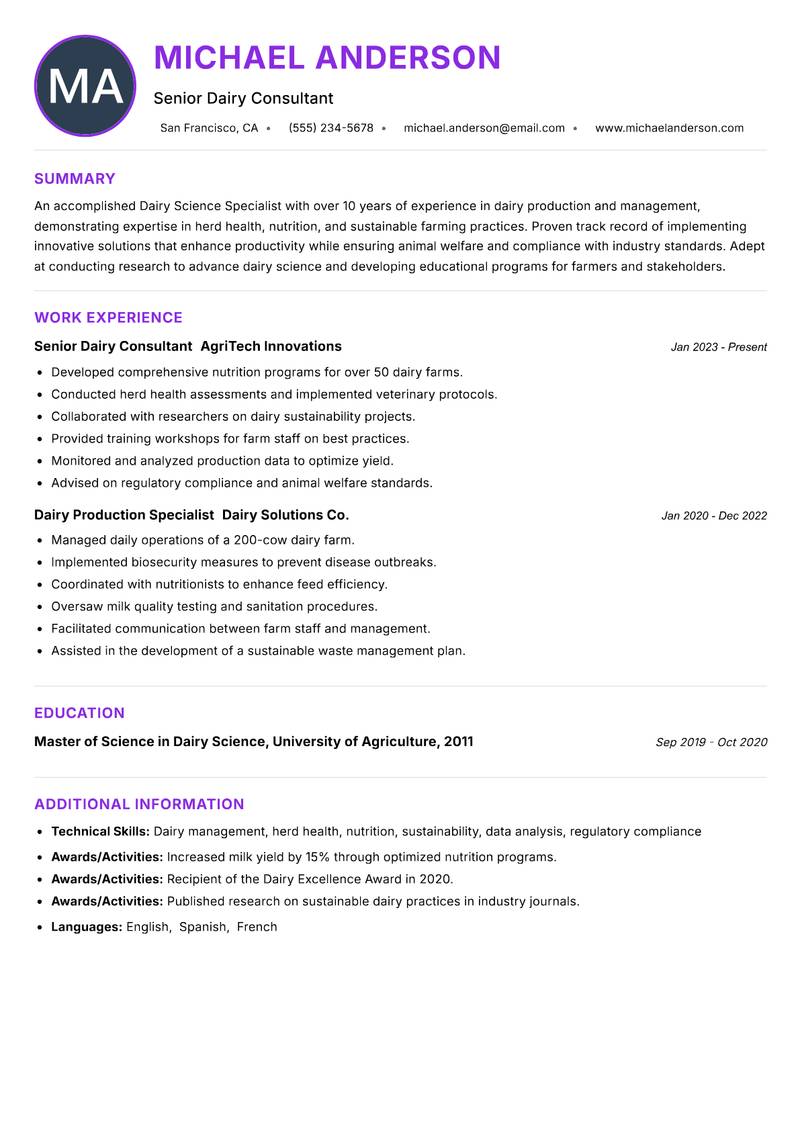 Dairy Science Specialist resume example — ATS-friendly template