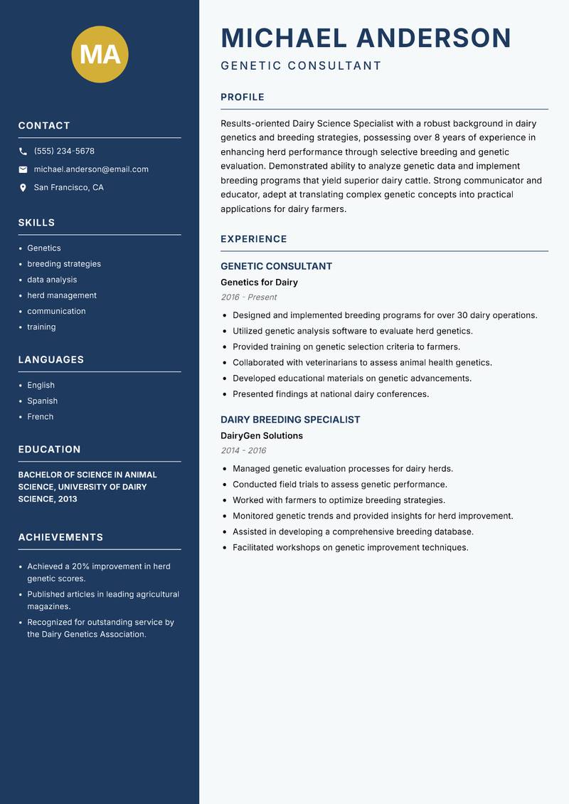 Dairy Science Specialist resume template — Classic Clean