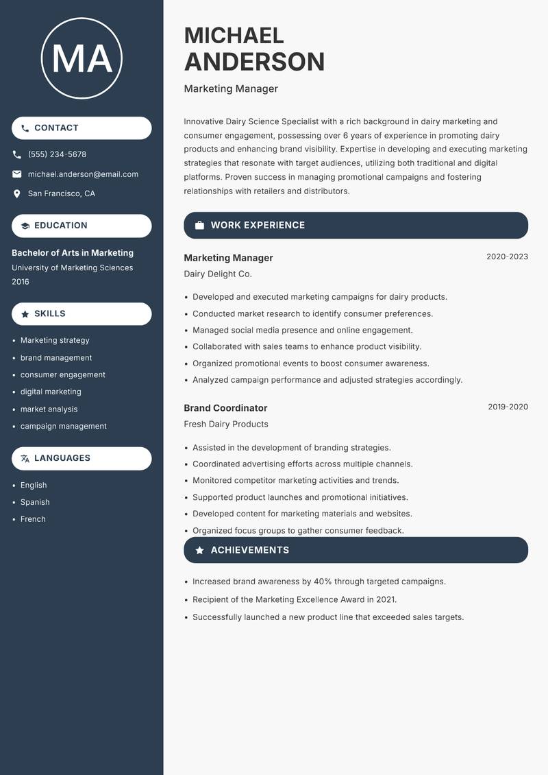 Dairy Science Specialist resume template — Compact