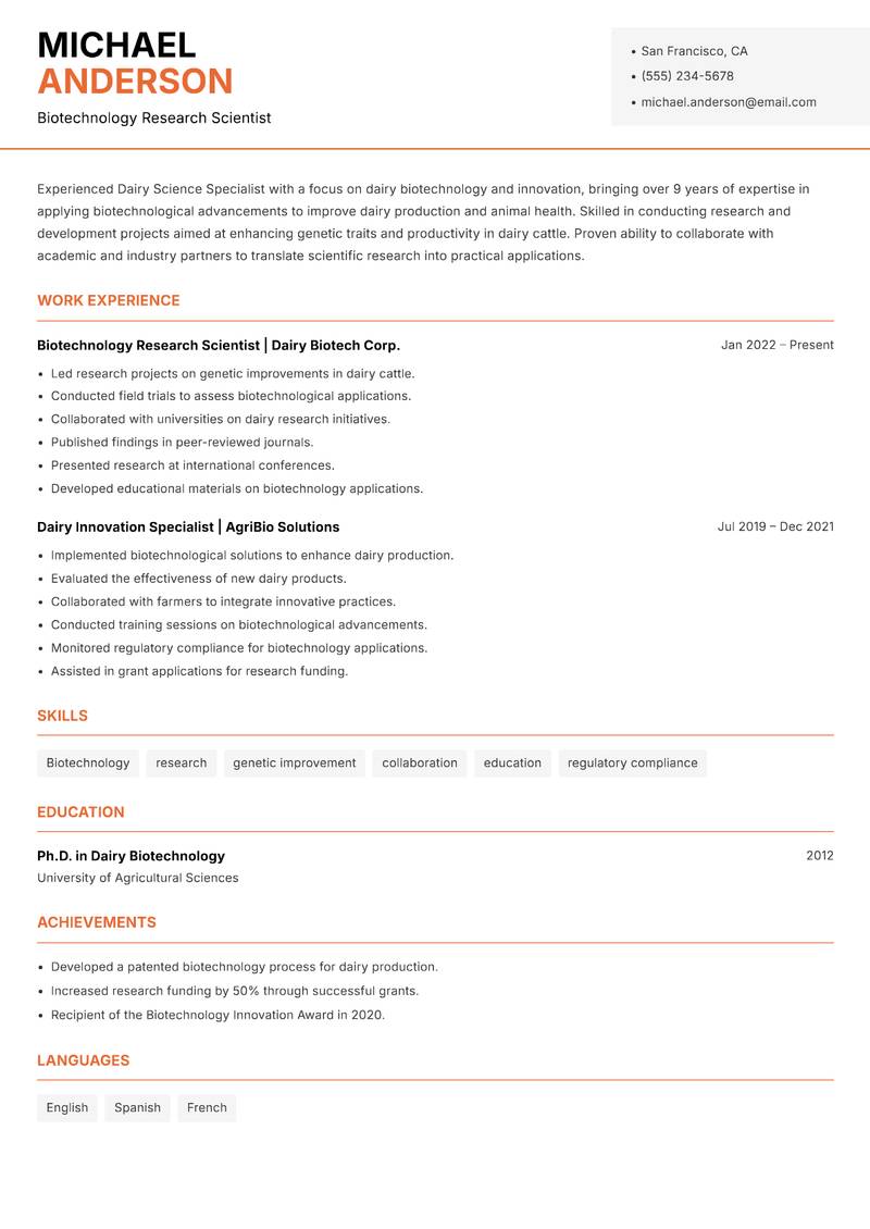 Dairy Science Specialist resume template — Modern Professional