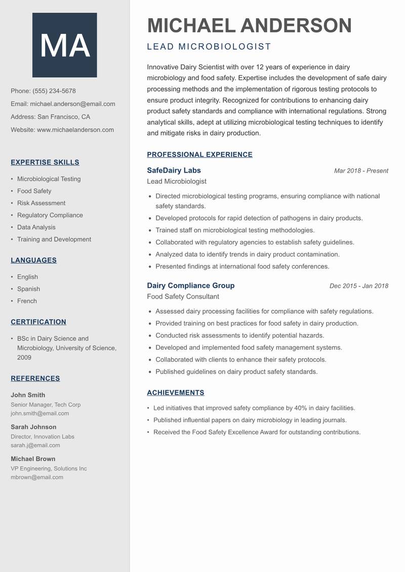 Dairy Scientist resume template — Creative Minimal