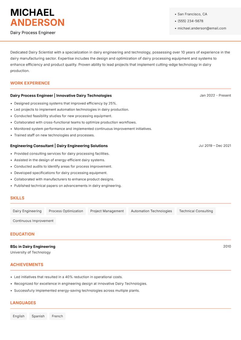 Dairy Scientist resume template — Modern Professional
