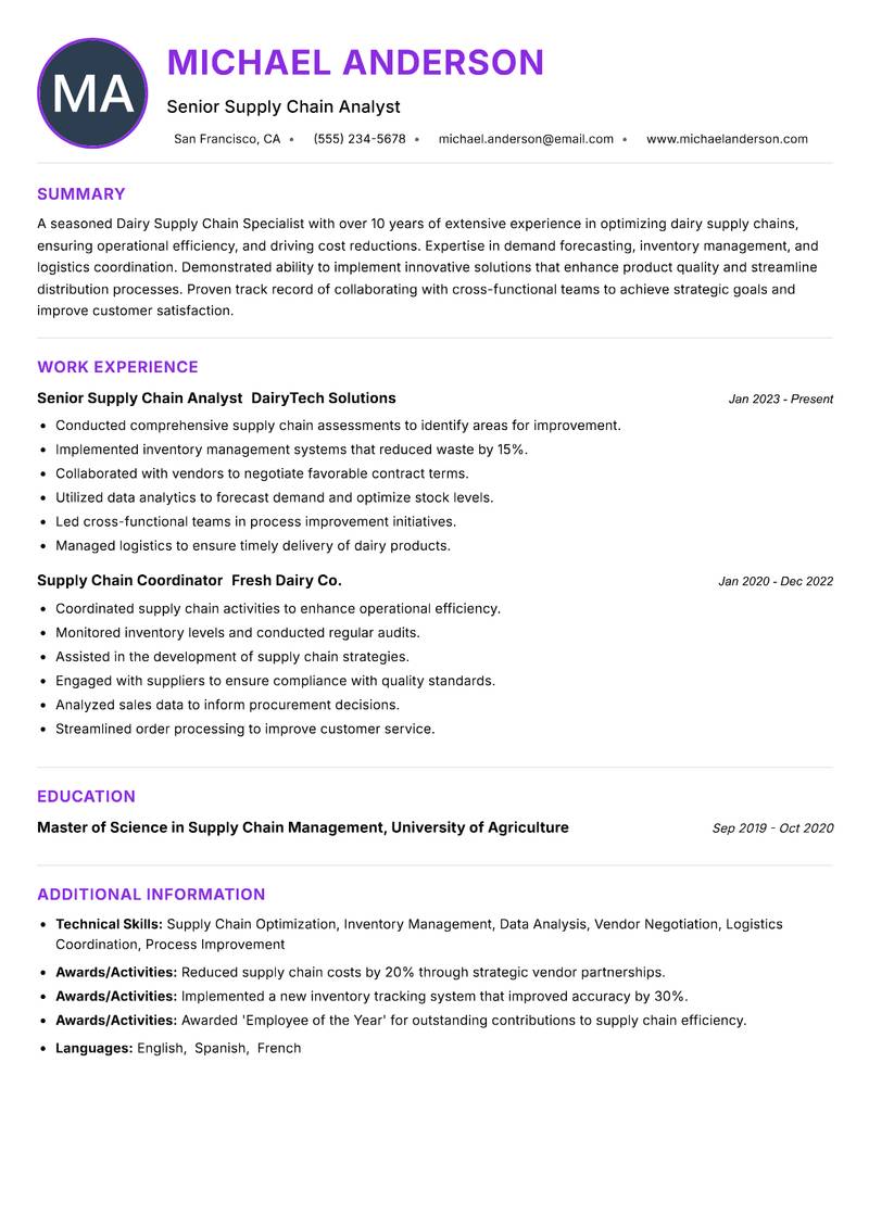 Dairy Supply Chain Specialist resume example — ATS-friendly template
