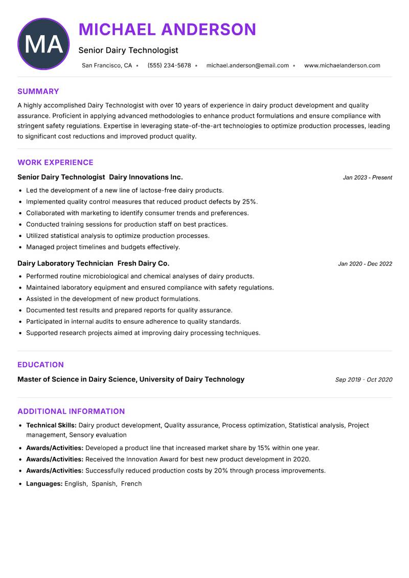 Dairy Technologist resume example — ATS-friendly template