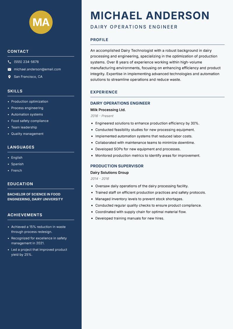 Dairy Technologist resume template — Classic Clean