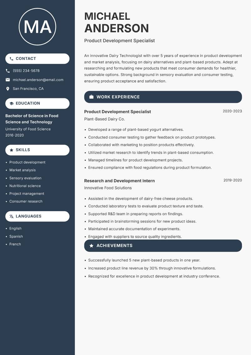 Dairy Technologist resume template — Compact