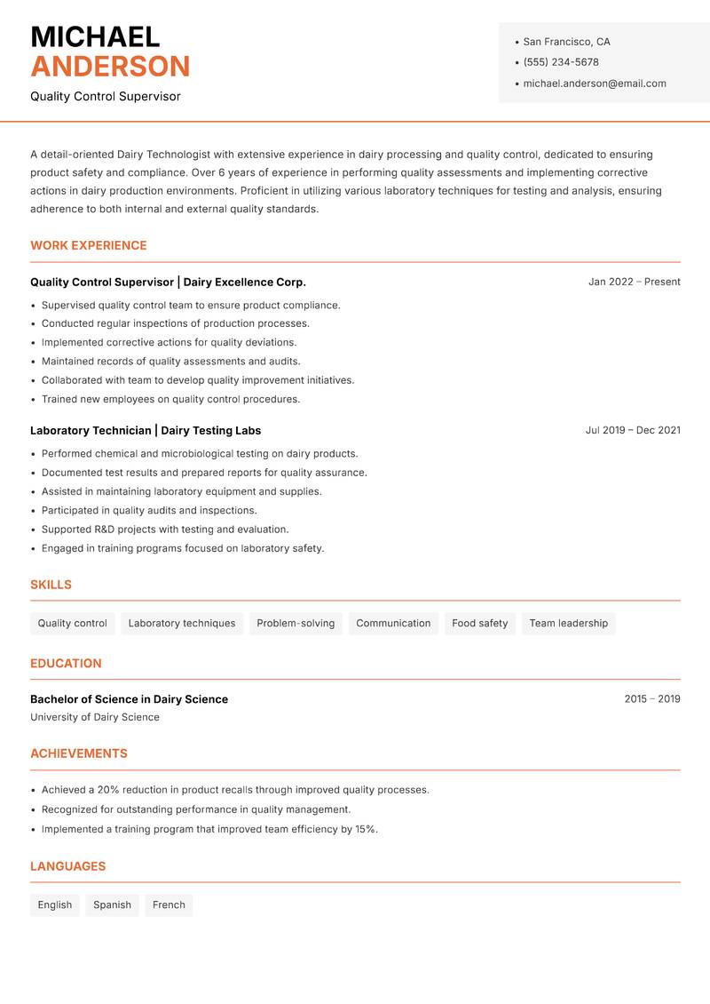 Dairy Technologist resume template — Modern Professional
