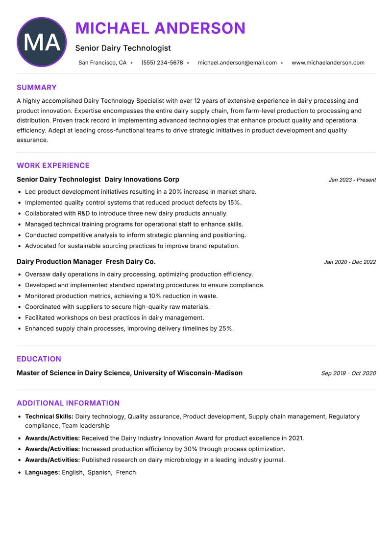 Dairy Technology Specialist resume example — ATS-friendly template