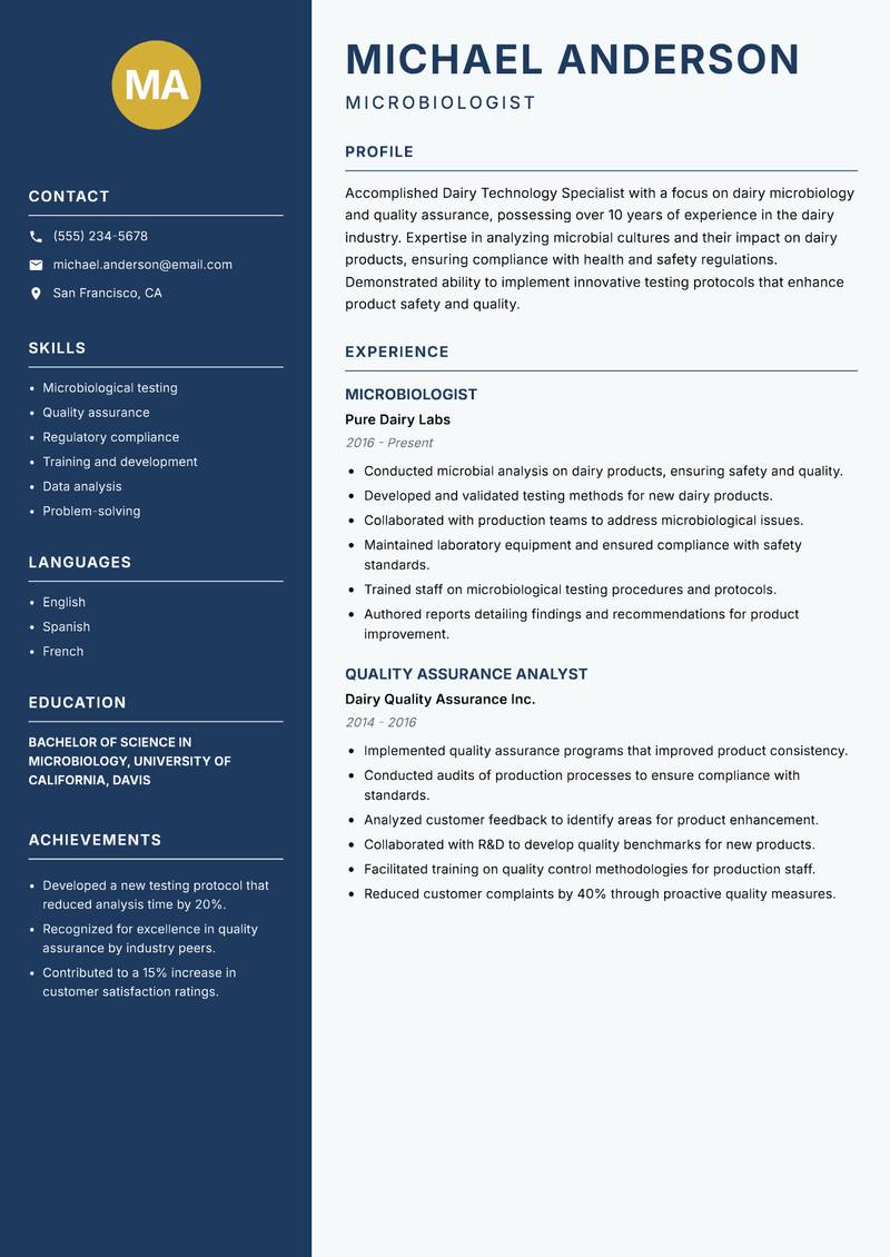 Dairy Technology Specialist resume template — Classic Clean