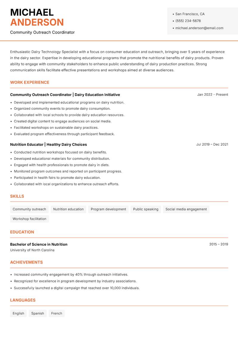 Dairy Technology Specialist resume template — Modern Professional