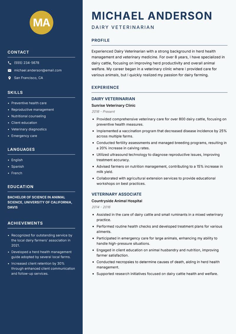 Dairy Veterinarian resume template — Classic Clean
