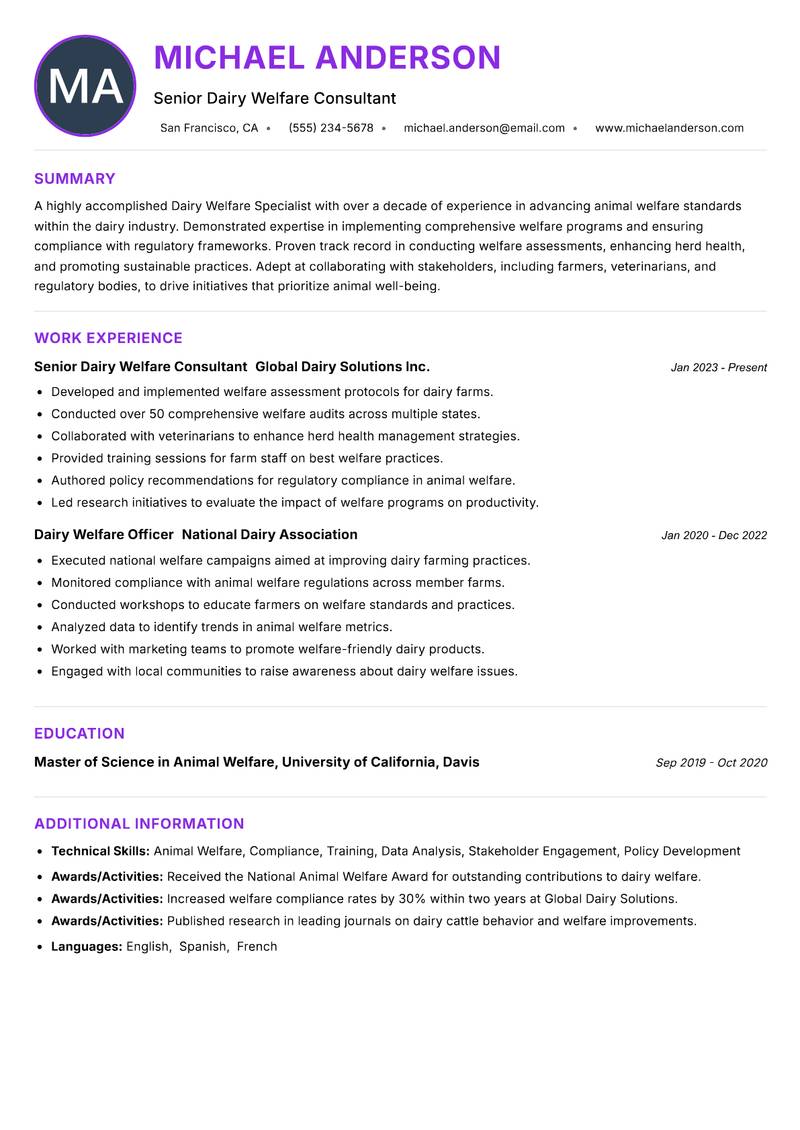 Dairy Welfare Specialist resume example — ATS-friendly template