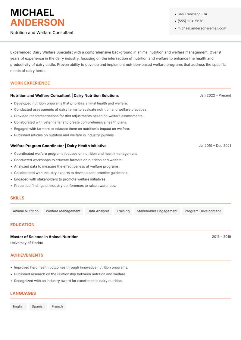 Dairy Welfare Specialist resume template — Modern Professional