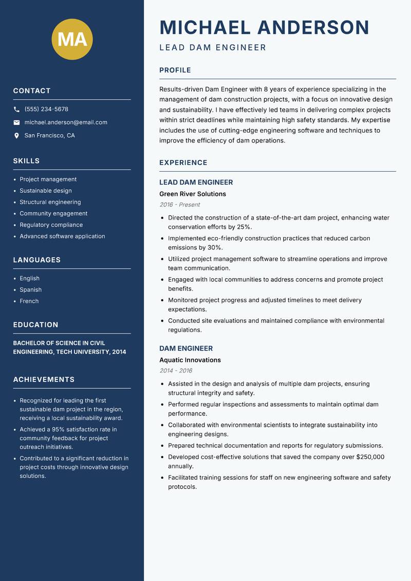 Dam Engineer resume template — Classic Clean
