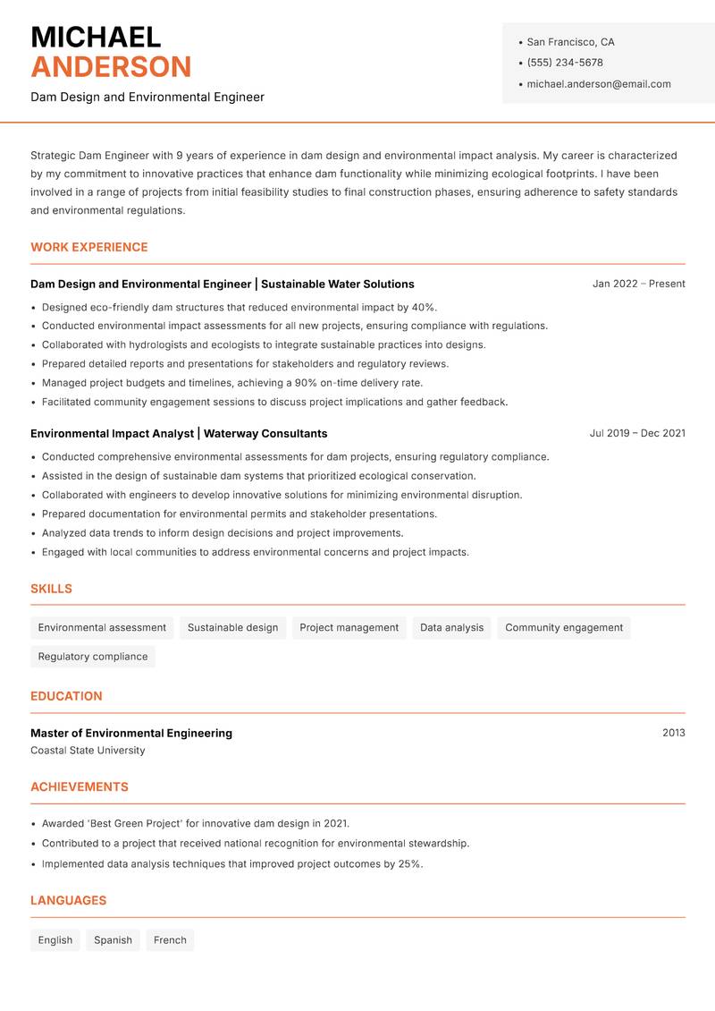 Dam Engineer resume template — Modern Professional