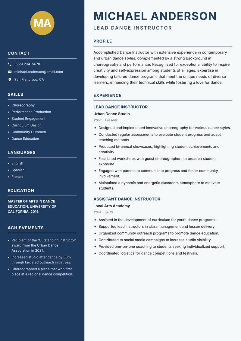Dance Instructor resume template — Classic Clean