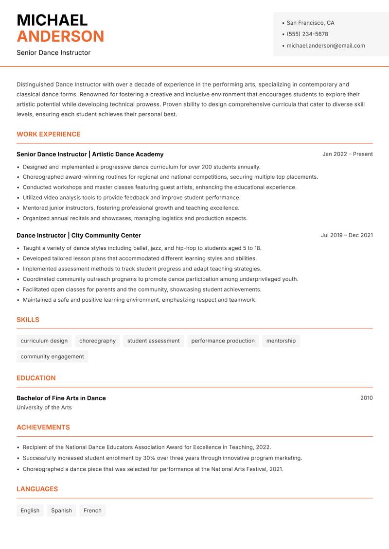 Dance Instructor resume template — Modern Professional