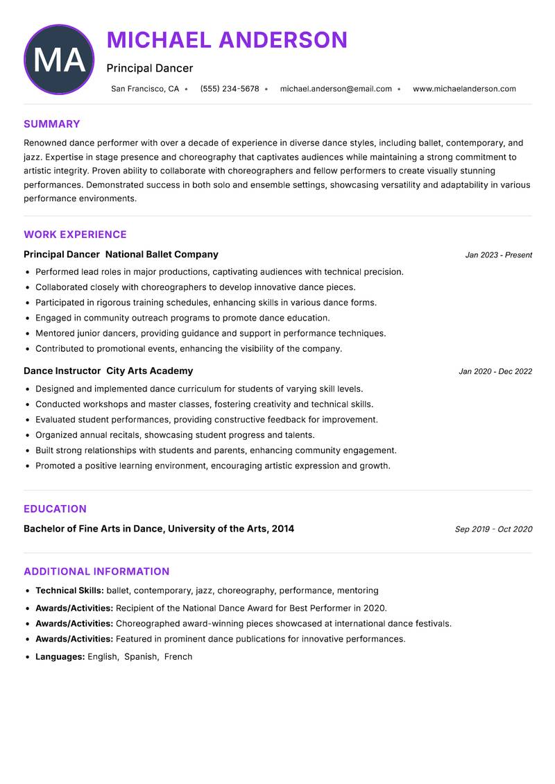 Dance Performer resume example — ATS-friendly template