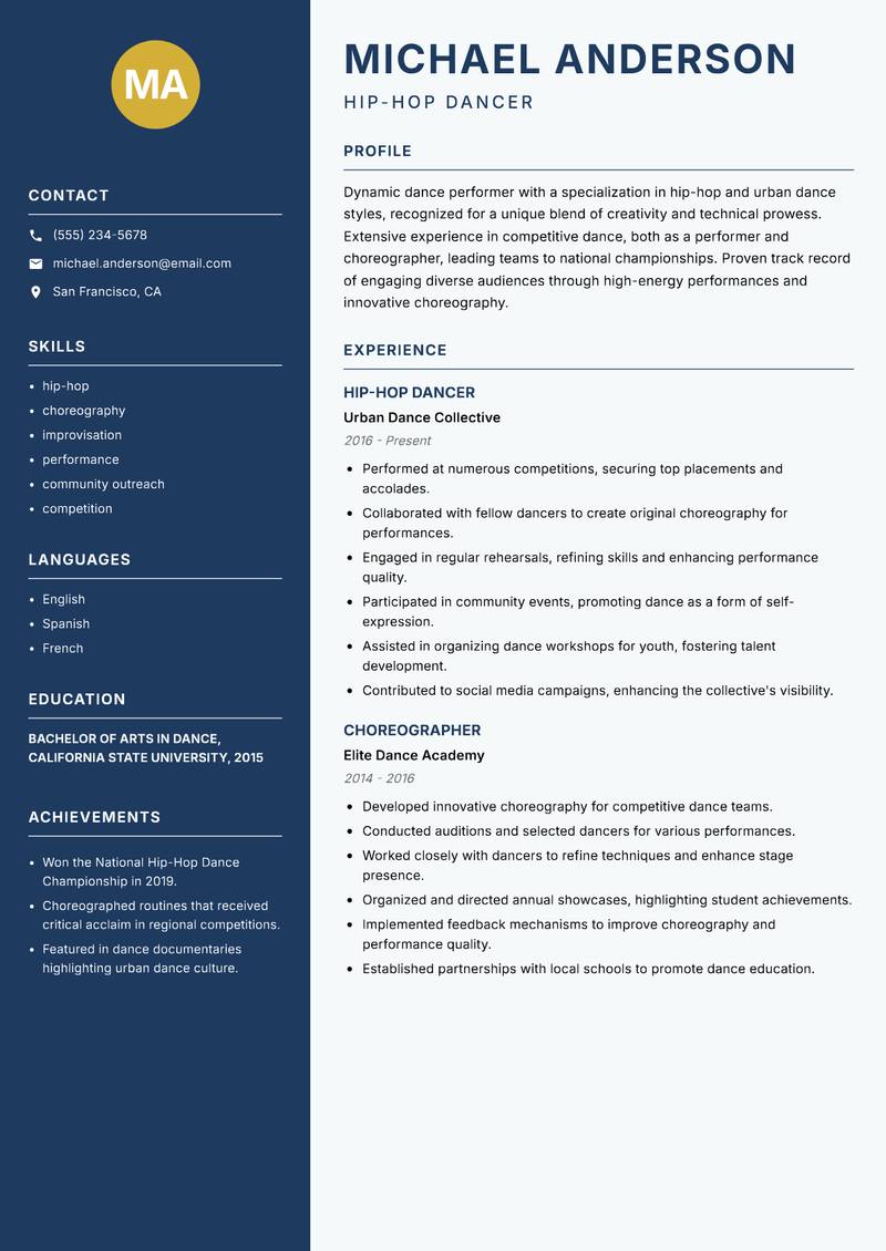 Dance Performer resume template — Classic Clean