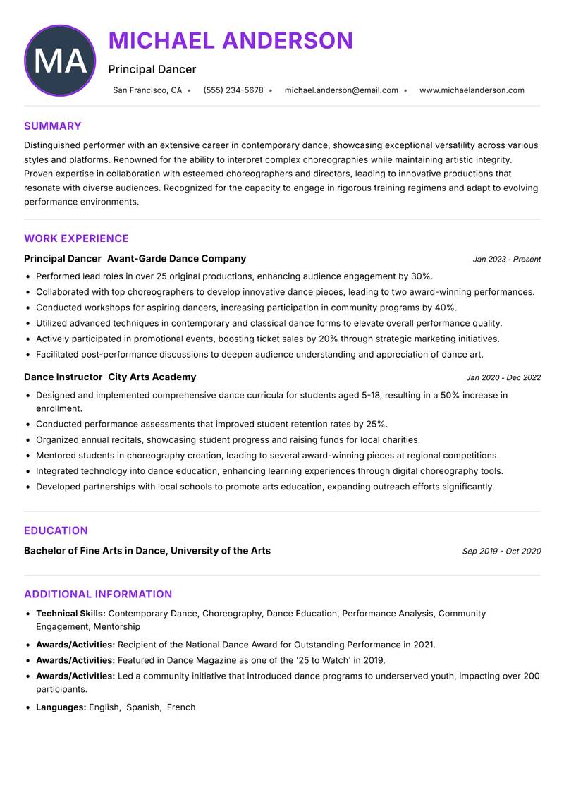 Dancer resume example — ATS-friendly template