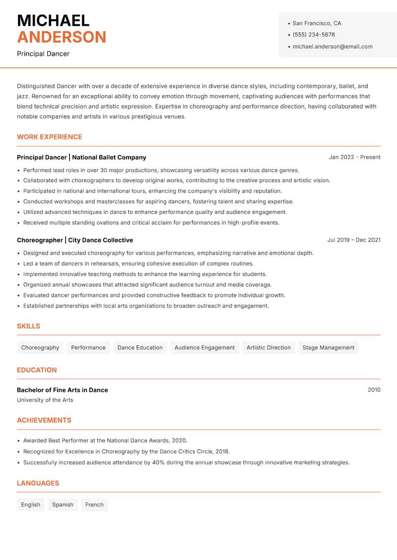 Dancer resume template — Modern Professional