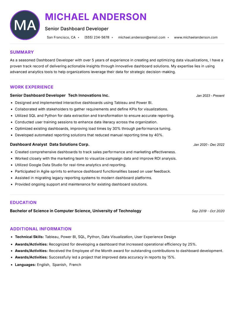 Dashboard Developer resume example — ATS-friendly template